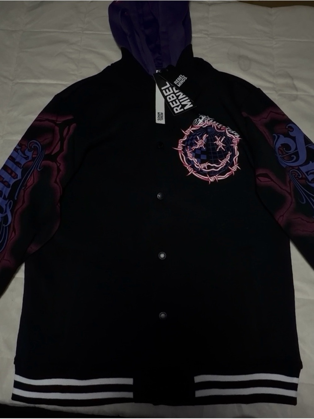 Rebel Mind Black & Purple Graphic Varsity Jacket